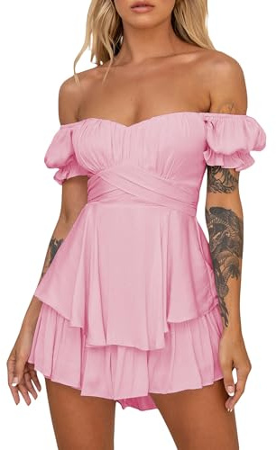Springcmy Women Puff Sleeve Square Neck Romper Dress Off Shoulder Ruffle Shorts Smocked Layered Flowy Jumpsuit Beach Swing Dress (A-Pink, M)