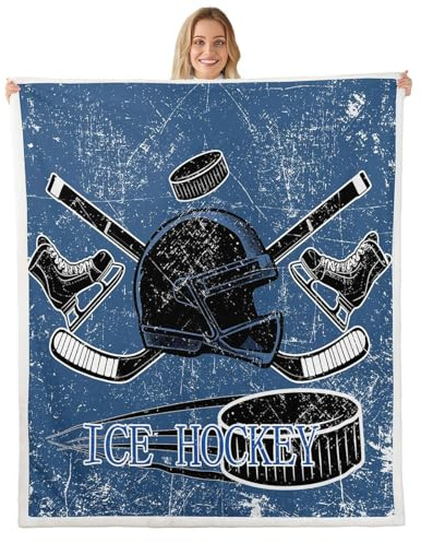 Feelyou Ice Hockey Fleece Throw Blanket Throw 50x60 Kids Ice Sports Games Plush Blanket for Bed Sofa Couch Boys Girls Teens Hockey Player Sherpa Blanket Puck Hockey Fuzzy Blanket