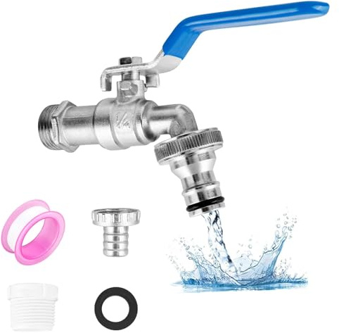 RUCUDIM Garten Wasserhahn,1/2 Zoll,aus Messing rost-und frostsicher, mit 2 * Gratis Schlauchanschlüsse,1x Rollendichtband,Absperrhahn Tropffrei, Wasserhahn Aussen Messing für Garten