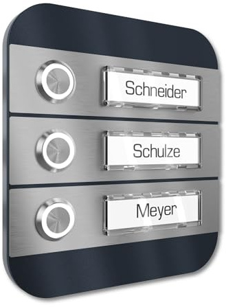 Graviers Design Sonnette de porte apparente pour plusieurs familles avec bouton-poussoir LED 3 plaques nominatives - inox V2A 140x150 mm revêtue par poudre RAL 7016 - éclairage du nom au choix
