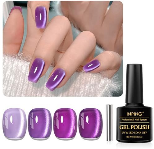 INPING Cat Eye Gel Nail Polish, 4 Colors Jelly Glass Crystal Magnetic Cat Eye Purple Gel Polish with Magnet Nail Varnish Soak Off UV/LED for Women DIY Manicure Salon, 8 ML