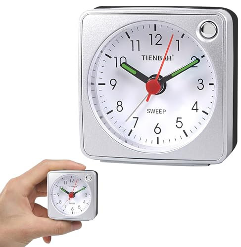 Silent Alarm Clock, Compact Silent Alarm Clock with Snooze and Nightlight - Mini Travel Bedside, Non-Ticking Analog Quartz, Battery-Powered, Ideal for Bedroom and Travel (silver)