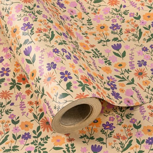 RUSPEPA Rollo De Papel De Regalo Floral Kraft - Mini Rollo - 43,2 Cm X 3 M - Papel De Regalo Con Flores Vintage, Ideal Para Bodas, Cumpleaños, Despedidas De Soltera Y Fiestas De Té.