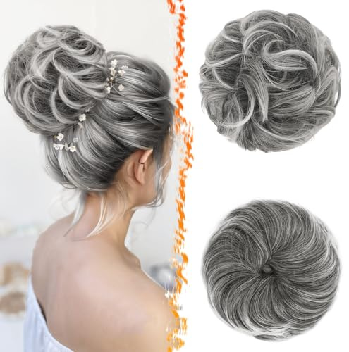 BARSDAR 2 Pezzi Chignon Finto per Capelli, Elastico Capelli Chignon Extension per Donne Sintetica Naturale Pezzo Spessi Updo Bun Hair Scrunchies Posticci Festa Quotidiana - Grigio Scuro & Bianco Tips