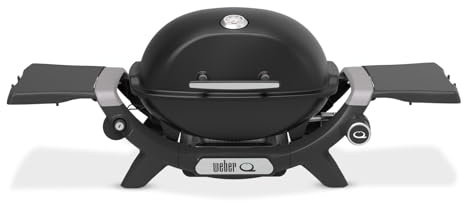 Weber Q 1200N Gasgrill mit Seitentischen/leichter Grill für Camping, Terrassen & Balkone mit Hochleistungsbrenner, porzellanemaillierten Gussrosten & elektronischer Zündung, Mitternachtsschwarz