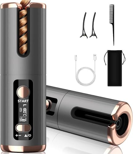Rizador de Pelo Automático, USB Recargable Portátil, 6 Temperaturas 150-200ºC y Temporizador de 8-18s, Revestimiento de Cerámica Turmalina, Pantalla LED Recordatorio Inteligente, Apagado Automático