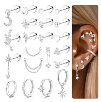 CASSIECA 21Pcs Orecchini Donna Acciaio Chirurgico Piercing Orecchio Argento Cerchio Orecchini Anallergici Donna Piercing Helix Trago Conch Ipoallergenica Multi Piercings Orecchio