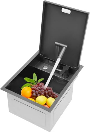 Dolt diskho i rostfritt stål med gångjärnslock 450 x 350 x 210 mm för kök och badrum | modern inbyggd diskbänk för små rum | luktstopp överlopp ljudisolering enkel skål tvättställ set