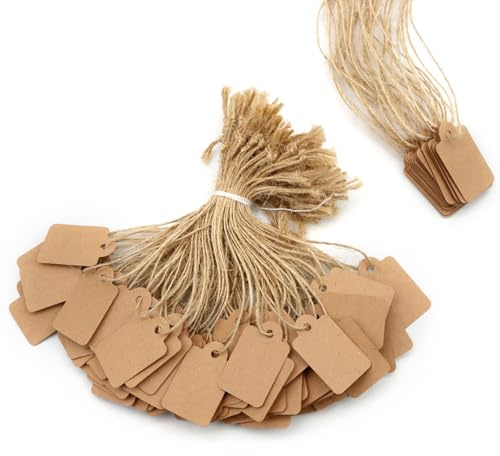 VEGCOO 500 Pcs Etiquette Prix en Papier Kraft, Etiquette Cadeau Écritables avec Corde en Jute pour Vêtements Bijoux Marchandises - 3,5 x 2,2 cm