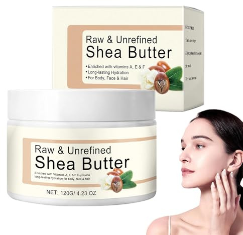 Organic Shea Body Butter Moisturiser, Raw Shea Butter Hand Face Cream for Body & Hair with Vitamins A, E & F, Long-Lasting Hydration for Dry Skin, Hair Care, Lip Balm
