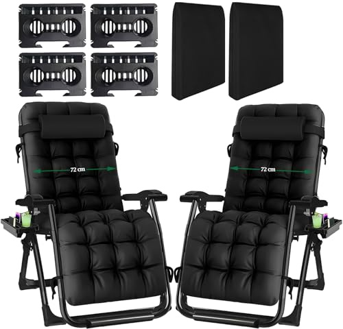 Fiutazge 2 st solstolar, 72 cm utomhus, trädgårdsstol, hopfällbar solstol med justerbart ryggstöd, kudde, nackstöd, kopphållare, ergonomisk loungestol för camping och balkong, svart