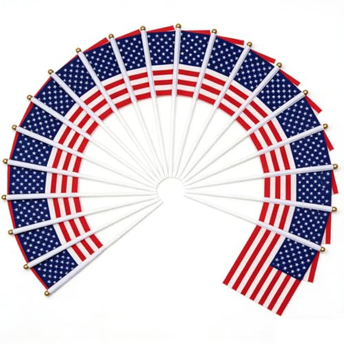 HAPZUR 20 Piezas Bandera de Mano Estados Unidos, Bandera Americana, Bandera para Copa del Mundo 2026, Copa Europea, Eventos Deportivos, Desfile, Día Nacional, Fiesta (30 cm) (Palo Blanco)