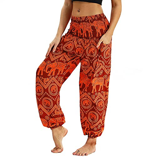 Nuofengkudu Women's Harem Pants Thai Hippie Baggy Bohemian Patterned High Waist Smocked Waist Thin with Pockets Lounge Trousers for Yoga Summer Beach Orange Elephant, One Size