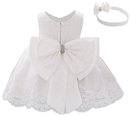 IBTOM CASTLE Robe de Baptême Bébé Fille Brodée Princesse Dentelle Tulle Pour Mariage, Fête d'Anniversaire, Communion, Cérémonie - Avec Bandeau Blanc 6-9 Mois