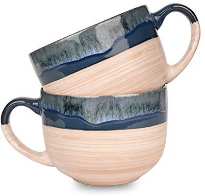 Bosmarlin Large Ceramic Coffee Mug Set of 2, Stoneware Latte Mug for Office and Home, 16 Oz, Dishwasher and Microwave Safe, (Prussian Blue, 2)