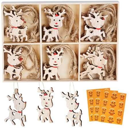 Mocraft 30 Ps Christmas Reindeer Ornaments Wooden Christmas Tree Decoration Gift Tags Crafts Wood Reindeer Tree Hanging Ornaments with Hemp Rope and Elk Stickers