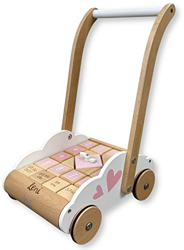 Lauflernwagen mit Bausteinen rosa - personalisierbar I Handmade Holzspielzeug ab 1 Jahr I Personalisierte Geschenke Baby I Laufhilfe für Kinder I Spiel- & Schiebewagen mit Name