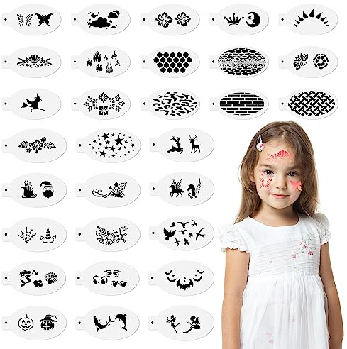 JSRQT 30 Piezas Plantilla de Pintura Facial Halloween Plantilla de Pinturas Cara para Niños Adulto Stencil Plantillas Reutilizable Plástico Plantillas de Dibujo para Fiestas de Maquillaje Carnaval