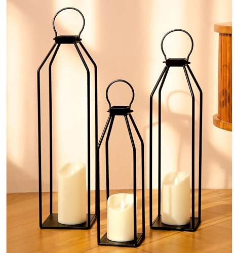 Perfnique Modern Farmhouse Lanterns, Set of 3 Black Metal Lanterns w/ 6hr Timer Flickering Flameless Candles, Decorative for Outdoor Decor, Front Porch, Indoor, Patio, Garden, Fireplace, Christmas