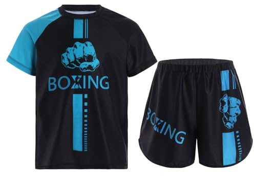 Oyolan Barn pojke boxningsshorts och T-shirt boxningsset Muay Thai MMA kickboxning 5–16 år, Ljusblå, 9-10 ans