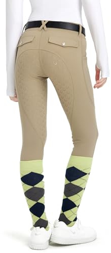 FitsT4 Sports Girls Riding Pants Fleece Lined Kids Winter Breeches Full Seat Silicone Equestrian Pants Tights Pockets Khaki M