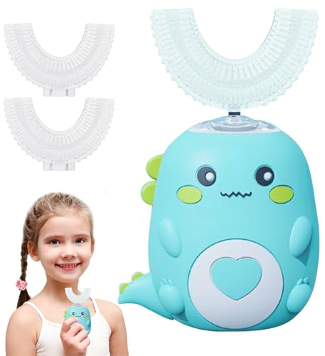 U-Shaped 360º Ultrasonic Toothbrush for Kids, Toddler Electric Toothbrush, with 3 U-Shaped Silicone Brush Heads, 60s Timer & 2 Speeds, IPX7 Waterproof, for Age 2~12 Years Boys Girls (Green, Age 2-6)