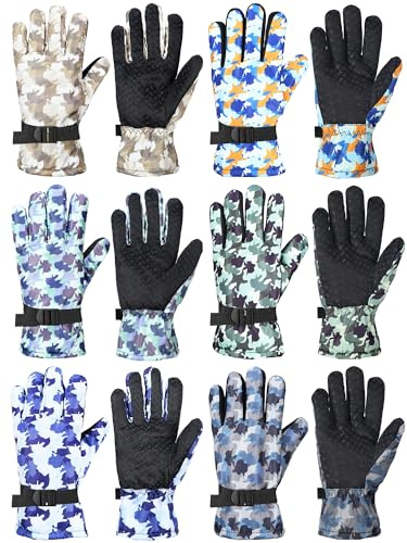 Bencailor 6 Pairs Kids Winter Gloves Waterproof Ski Glove Boy Girl Warm Snow Snowboard Mittens for Cold Unisex(Blue,10-15 Years,Blue Camo,Camouflage)