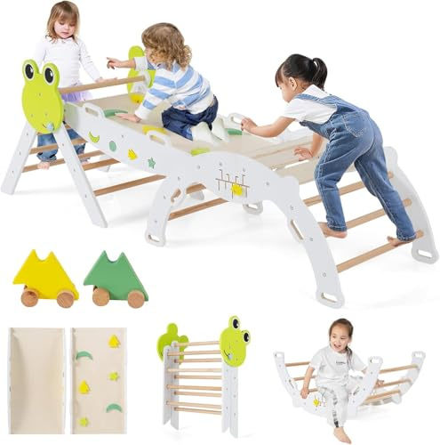 FANTASK Arco de Escalada 7 en 1 para Interiores, triángulo de Escalada de 3 Unidades con tobogán, Arco de Escalada, Incluye rampa de Doble Cara, Juego de Bloques de construcción y 2 Coches, Rana