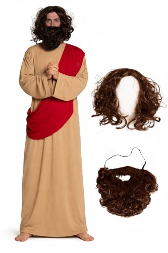 Partychimp Traje de Jesucristo para Hombre Túnica de 3 Piezas con Bufanda Cosida, Peluca y Barba Profeta Disfraz de Carnaval para Hombre Disfraces Religiosos de Halloween Biblia - Talla única