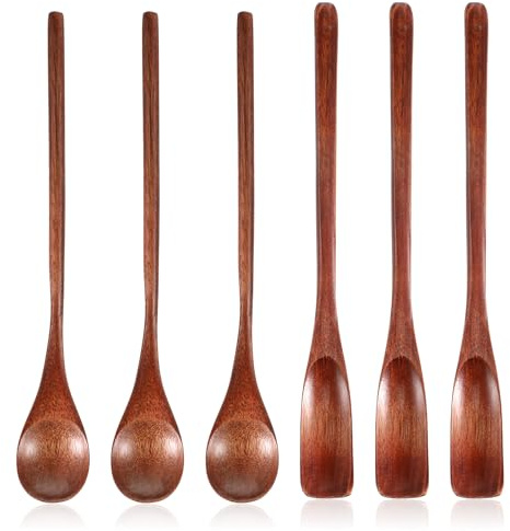 6 Pcs Wooden Teaspoon, Long Handle Wooden Coffee Spoons Small Honey Spoons Mixing Coffee Spoon for Jam Dessert Stirring
