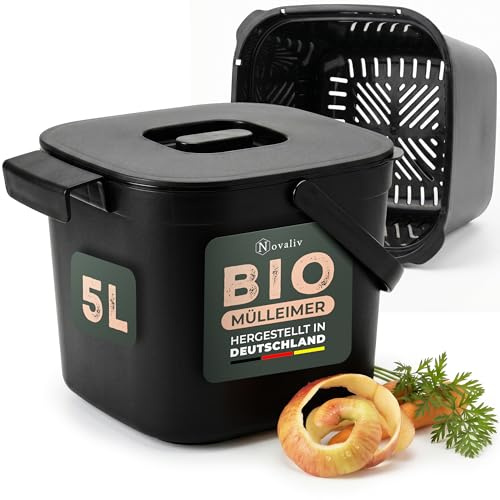 Novaliv Bio-Tischmülleimer 5L Schwarz mit Sieb, Komposteimer Küche mit Klappdeckel & Tragegriff, Biomülleimer klein & hängend für Schranktür, BPA-frei, stapelbar