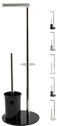 MSV Bergamo Stand Garnitur WC Bürste Rollenhalter Toilettenbürste Klobürste Klopapierhalter aus Edelstahl und Glas Schwarz 3in1, Black