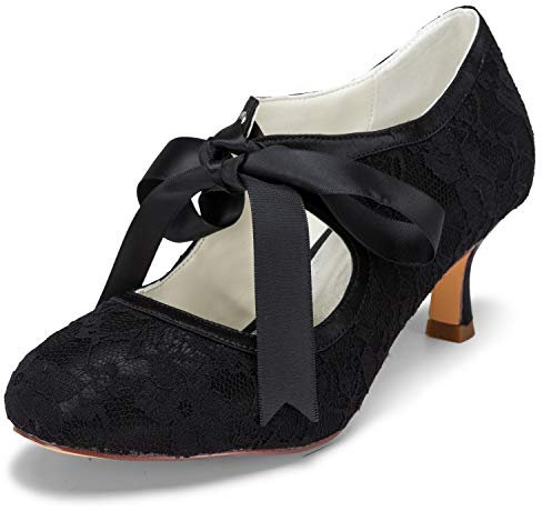 JIAJIA 140311 Bridal Lace Satin Low Heel Closed Toe Prom Party Dance Wedding Shoes Color Black,Size 5.5 UK / 39 EU