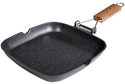 WECOOK! Ecochef Grill Asador Inducción Liso 24 X 24cm, Antiadherente QUANTANIUM Ecológico sin PFOA, Aluminio Fundido, 5mm Espesor, Mango Madera Plegable, Apta Todas las Cocinas Vitrocerámica, Gas