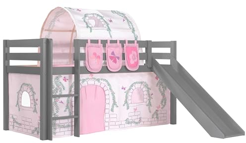 Vipack Spielbett Pino inkl. Rutsche mit Textilset Vorhang, Tunnel und 3 Taschen Birdy Kiefer massiv grau lackiert