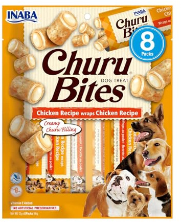 INABA Churu Bites, Snack para Perros, Sabor Pollo, Multipack 8 x 12g | Palitos Crujientes con Relleno Cremoso, Premio Delicioso y Saludable, Rico en Proteína, Sin Colorantes ni Conservantes