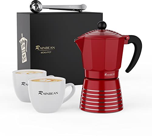 RAINBEAN Moka Pot 6 Cup, Aluminum Stovetop Espresso Coffee, Italian Cuban Greca Coffee, Stove Top Coffee Maker Mocha Pot, Red Cafetera Cubana Italian Espresso Maker Gift Set (Red, 6 CUP)