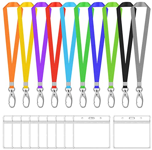 10 Sets Porta Tarjetas Identificativas con Correa de Cuello, Impermeable Funda Tarjeta Identificación y Cordón de Cuello con Gancho, Titular Insignia para Oficina Exposición (Multicolor, Horizontal)