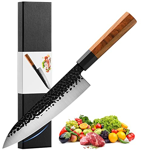 RASSE Japanisches Kochmesser, Gyuto – 20,3 cm, professionelles handgeschmiedetes Küchenmesser, aus hochkohlenstoffreichem AUS-8-Edelstahl, mit Palisandergriff und Geschenkbox