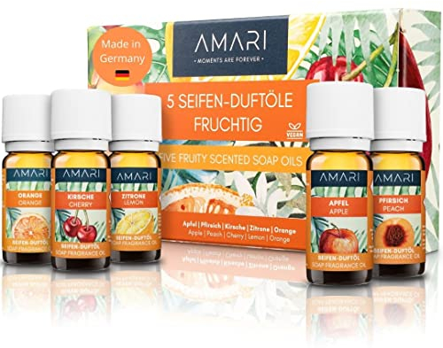 Amari ® Duftöl Set Fruchtig – 5 ausgewählte Duftöle zur Seifenherstellung (Apfel, Kirsche, Orange, Pfirsich, Zitrone) – Seifenduftöl – Seife selber machen