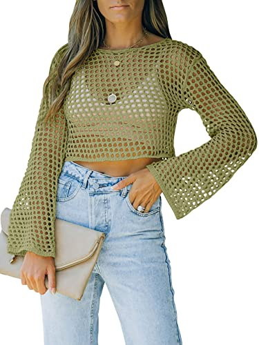 Womens Fishnet Crochet Crop Top Sexy Long Sleeve See Through Hollow Out Mesh Bikini Cover Ups Army Green