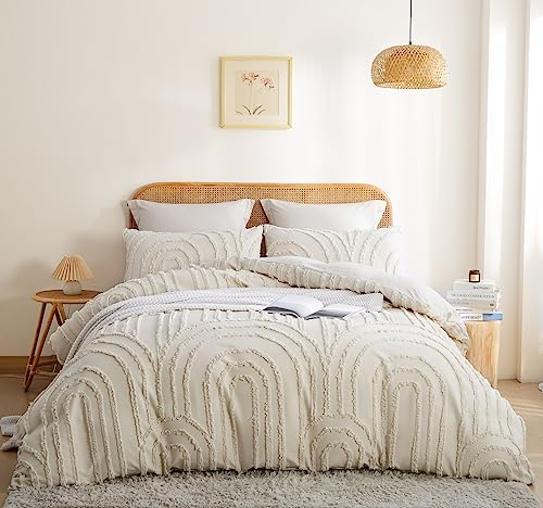 Lanqinglv Boho Bettwäsche 135x200 cm 4 Teilig Beige Getuftet Exquisite Stickerei Geometrisch Chic Vintage Böhmisch 2 Bettbezug 135x200cm mit Reißverschluss und 2 Kissenbezüge 80x80cm