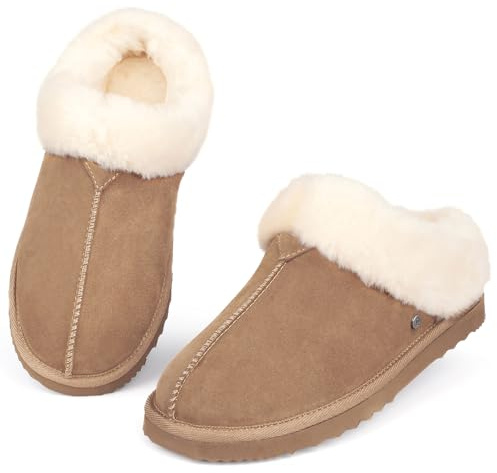 Parfeying Women‘s Real Wool Slippers in Genuine Leather with Anti-Slip Rubber Sole, Warm Indoor Outdoor Shoes with Memory Foam - Cozy Slip-On for Women in Soft Wool,L23606 CHES 7US
