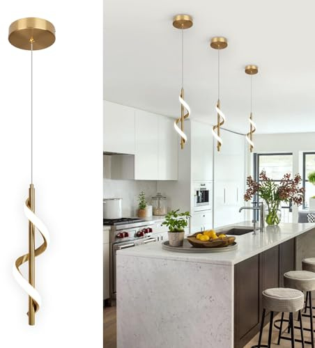 Vloitgol Modern Led Pendant Light Fixtures,6000K Cool White Gold Led Pendant Lighting for Kitchen Island,Adjustable Height Hanging Light Fixtures for Kitchen Dining Room Living Room,1 Pack