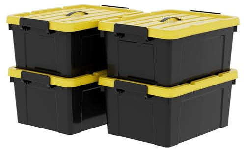 Cetomo 4 scatole portaoggetti in plastica da 35 l con coperchi, maniglia e fibbie a scatto, per attrezzi all'aperto, giardino, garage, casa, durevole, resistente, impilabile, nidificazione, nero e