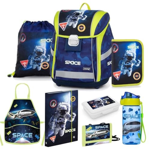 OXY BAG Schulranzen 8tlg. Premium mit Weltraum-Motiv | Ergonomische Schulrucksack Set, Sportbeutel, Federmappe, Kunstponcho, Trinkflasche, Snackbox & mehr | Ideal für 1. - 3. Klasse (Schulstart)
