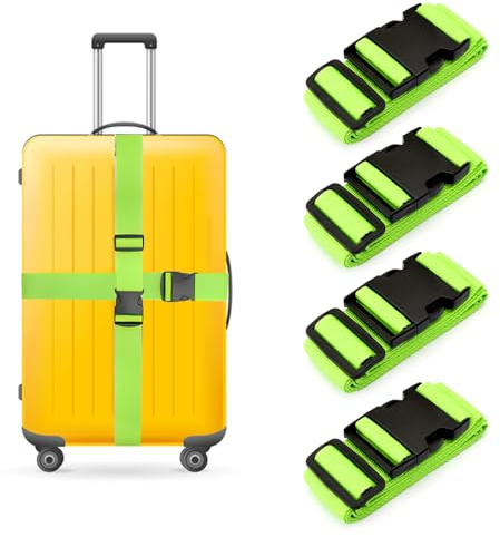 4 Stück Koffergurt Kofferband Set, Einstellbare Kofferband mit 4 Stück Kofferanhänger Koffer Gepäckgurte mit Feste Schnalle & Namensschild verstellbare Koffergurte