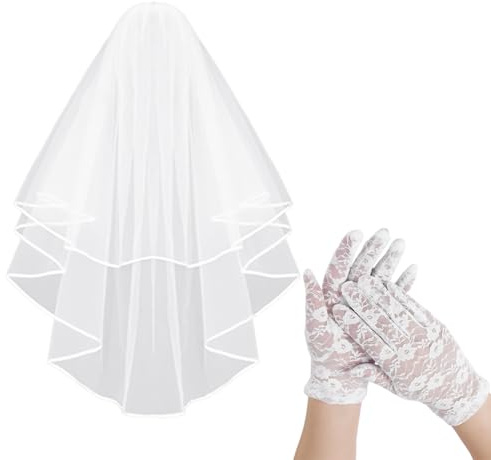 1 White Veil, 1 Pair of White Lace Gloves, Double-Layered Pompadour Veil, Bridal Veil, Edged Ribbon Veil, Hair Comb Veil, Wedding Accessories