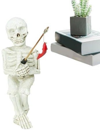 Angel-Skelett-Statue, niedlicher Totenkopf-Angler-Skulptur Gartenornament, Gartenteichzubehör, Halloween-Angel-Skelett, Gartenzubehör für den Außenbereich, Garten, Teich, Brunnen am Pool