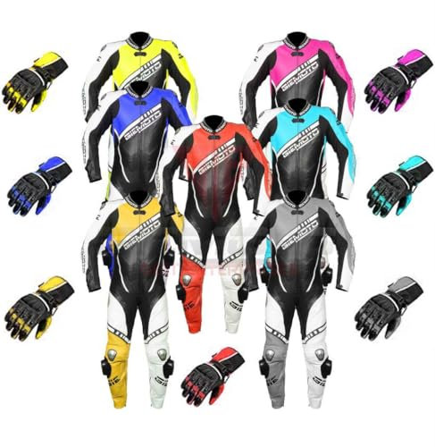 GIEMOTOO Tuta protettiva in pelle bovina originale per moto da corsa, con protezione in titanio e gobba da gara con guanti in omaggio, Nero, Rosso, Bianco, 2XL (UK46-EU56)